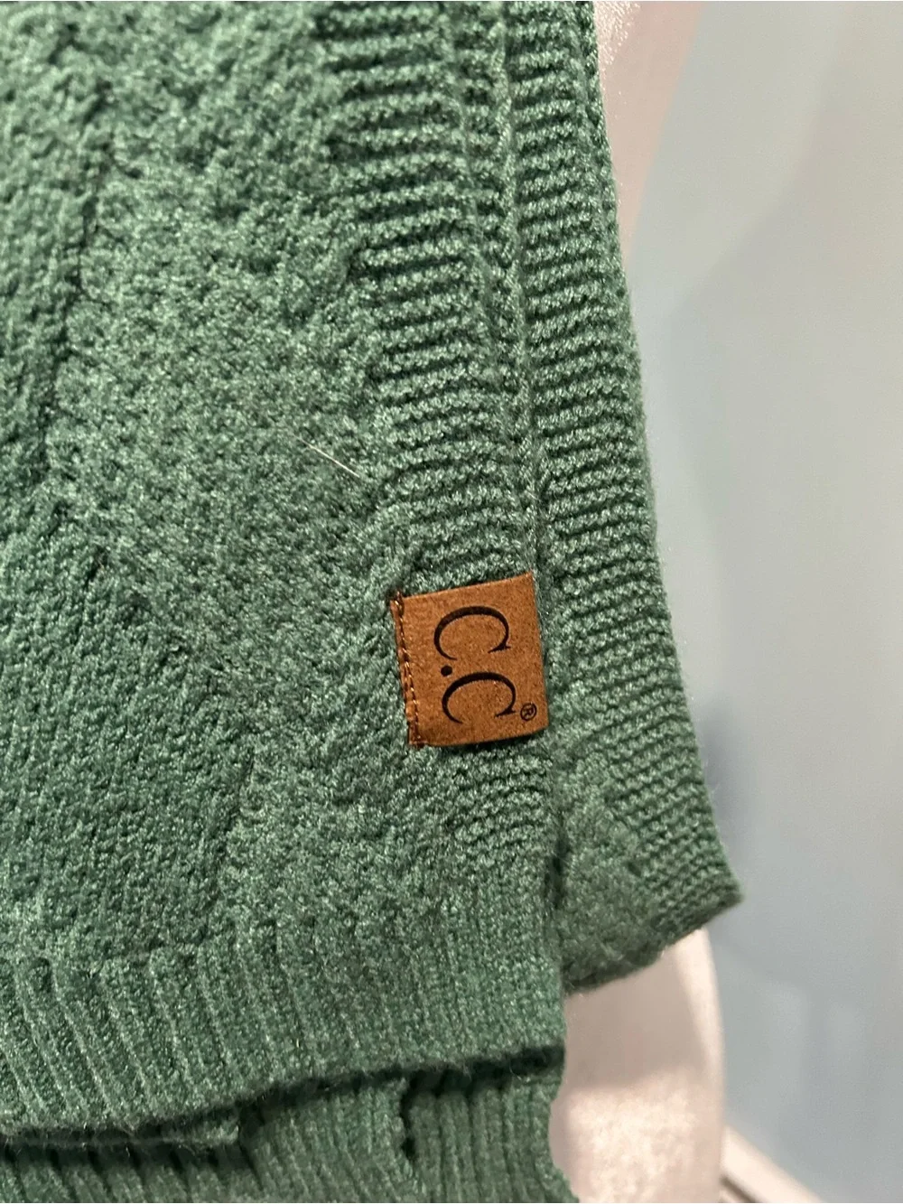 C.C Sea Foam Green Knit Scarf with Leather Logo Patch